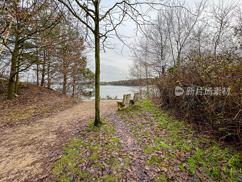 在冬天，两根石凳挨着一棵树，俯瞰着名为“Offlumer See”的湖。